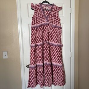 Bindu Women’s Kassandra Tiered Maxi Dress Sz Medium Pink White Floral Print